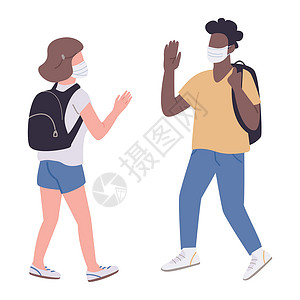 戴着口罩的女孩戴着医用口罩的学生平面彩色矢量不露面人物 用于网页图形设计和动画的病毒保护预防隔离卡通插图 疫情教育社会距离设计图片
