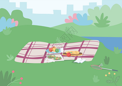 现场野餐平面彩色矢量图 毯子上有食物 可以在外面吃晚饭 草山上的休闲场所 公园 2D 卡通景观与城市景观和背景上的灌木丛插画