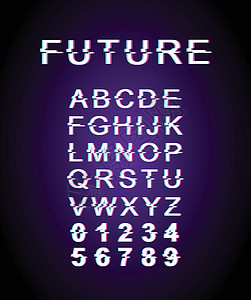 未来的故障字体模板 复古未来派风格矢量字母表设置在紫色背景上 大写字母数字和符号 具有失真效果的现代字体设计背景图片