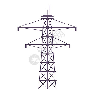高电压电塔卡通矢量图 电力线塔平面颜色对象 用于在白色背景下隔离的配电的大型金属结构 电话电源线插画