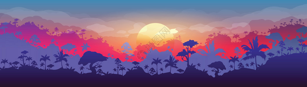 丛林平面彩色矢量插图 傍晚的森林风光 日落时的全景树林 与橙色太阳的热带风景自然 雨林 2D 卡通景观与背景层背景图片