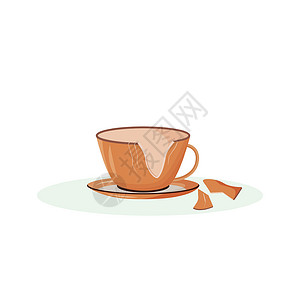 茶杯矢量图破碎的杯子卡通矢量图 破裂的茶杯破碎的陶器扁平颜色物体 传统迷信好运标志 白色背景上孤立的碎陶瓷杯插画