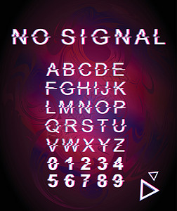 没有信号故障字体模板 复古未来派风格矢量字母表设置在紫色背景上 大写字母数字和符号 具有失真效果的连接错误字体设计背景图片