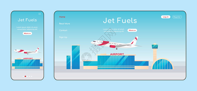 气体喷射素材喷气燃料自适应着陆页平面颜色矢量模板 航空公司移动和 PC 主页布局 机场一页网站用户界面 飞机加油站网页跨平台设计插画