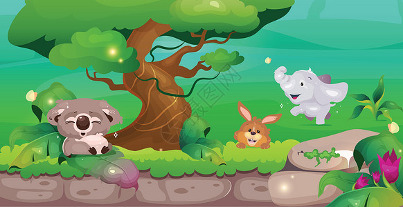 丛林平面彩色矢量插图  Coala 靠近树 可爱的兔子和大象在绿色植物中 动物保护区 野生动物保护 热带 2D 卡通景观与背景上插画