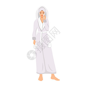 穿着浴袍的女人化妆平淡的颜色矢量不露面的角色 女孩清洁皮肤与棉垫隔离卡通插图网页图形设计和动画 女性护肤程序背景图片