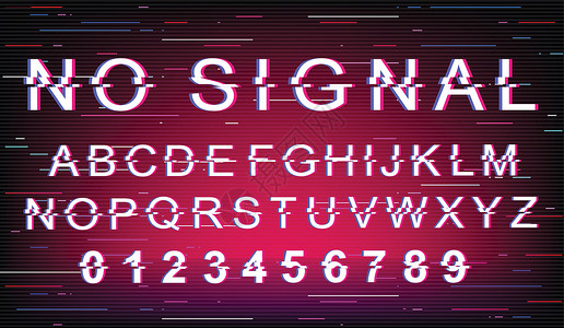 没有信号故障字体模板 复古未来派风格矢量字母表设置在粉红色的背景上 大写字母数字和符号 具有失真效果的电视错误字体设计背景图片