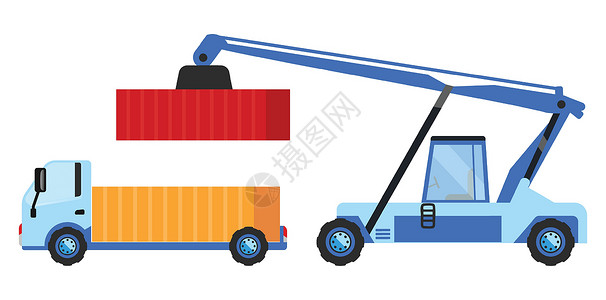 工业卡车卡通矢量图 货运卡车和移动式起重机平面颜色对象 用于在白色背景下隔离的集装箱运输的重型机械 仓储车插画
