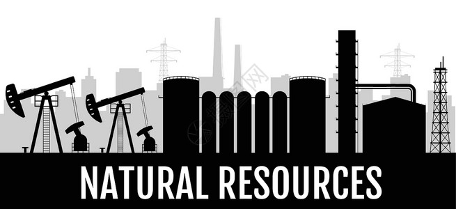 黑色工业自然资源黑色剪影横幅矢量模板 天然气和石油工业水平海报单色设计 陆上石油炼油厂 2d 卡通形状与排版插画