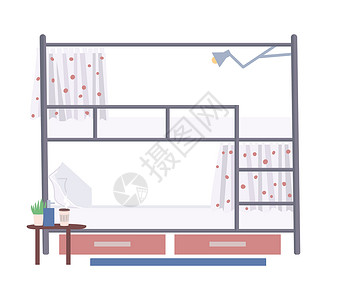 属性条双层床卡通矢量图 卧室家具平面颜色对象 宿舍内部元素隔离在白色背景上 空荡荡的睡觉的地方 学生生活方式属性插画