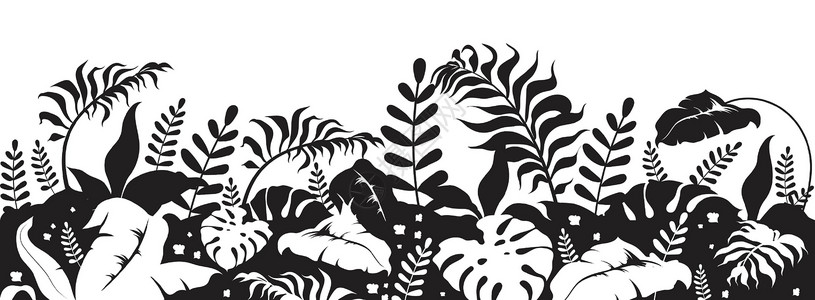 热带树叶黑色剪影矢量图 野生植被 植物学和草药装饰 灌木和灌木 异国情调的单色景观 亚热带树叶二维卡通形状背景图片
