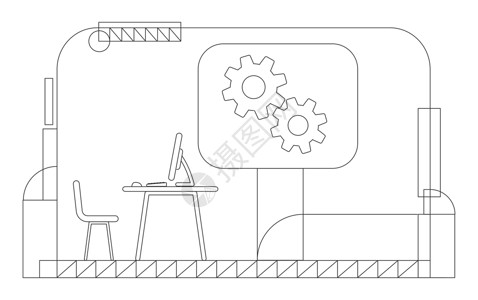 齿轮绘图公司 CEO 办公室轮廓矢量插图 黄色背景下的执行经理工作场所轮廓构成 带台式计算机和齿轮简单样式绘图的空工作区插画