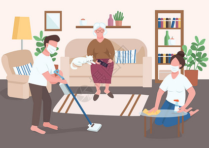 孙辈帮助年长者平面彩色矢量图解 戴医用面具的人帮助老年人做家务 表面病毒消毒 背景为内部的隔离二维卡通人物背景图片