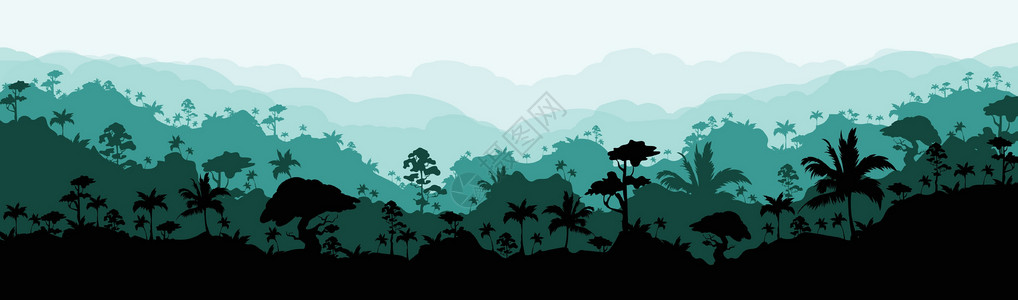 丛林平面彩色矢量插图 平静的森林风光 全景早晨的树林 田园诗般的热带自然 潮湿的气候环境 雨林 2D 卡通景观与背景层背景图片