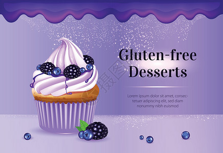 蓝莓松饼无麸质甜点逼真矢量产品广告横幅模板插画