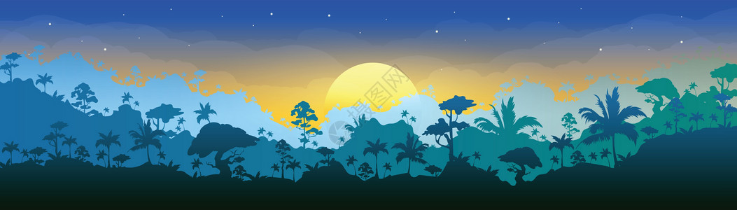 丛林平面彩色矢量插图 早晨的森林风光 黎明时的全景树林 太阳升起的热带风景自然 雨林 2D 卡通景观中的日出 背景层背景图片