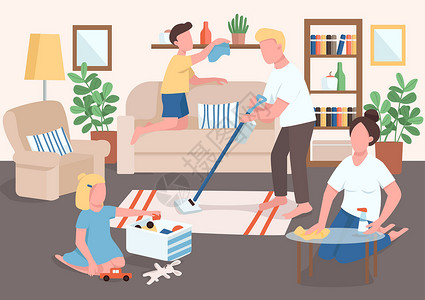 打扫卫生的孩子父母和孩子清洁平面彩色矢量插图 孩子整理玩具 妈妈洗家具表面 父子俩打扫卫生 背景为内部装饰的家庭 2D 卡通人物设计图片
