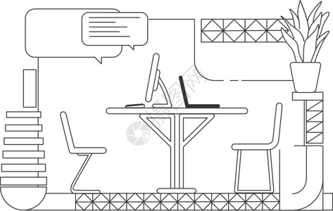下客区办公室通讯室轮廓矢量图 白色背景下的当代开放式工作区室内设计轮廓构图 现代会议室简约风格画设计图片