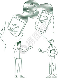 信息交换文件发送细线概念矢量图 有手机的人 2D 卡通人物用于网页设计  NFC数据传输无线连接创意ide插画