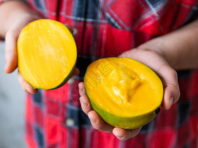 吉禄芒果穿塔坦格子衬衫的人持有曼吉法拉尼迪卡 俗称芒果绿色宏观男人情调水果异国食物黄色农民收成背景