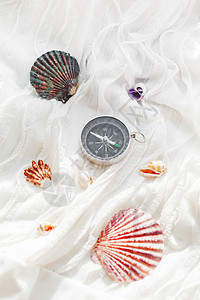 白纺织品背景 有不同贝壳和罗盘背景图片