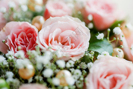 粉红色玫瑰和吉普西拉的花束 有选择性地以柔软的焦点闭合背景图片