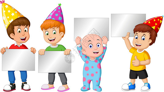 蓝帽标志有趣的四个小男孩戴着派对帽与黑色标志板新年庆祝卡通插画