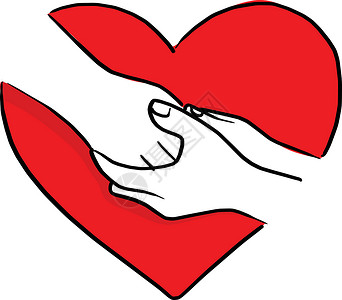 一颗红色心人类的手在红色心形矢量 i 上互相安慰插画