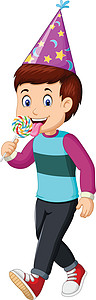 连帽衬衫有趣的男孩戴紫色派对帽吃糖果卡通插画