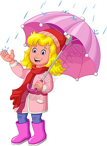 卡通粉色雨伞的女孩背景图片
