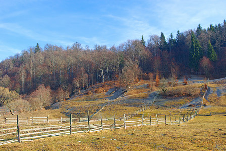 秋末的风景 草原上的木篱笆背景图片