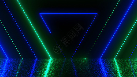 透明激光在计算机生成的 backdrop3D rende 中的许多霓虹三角形灯泡辉光圆形运动边界力量外表活力正方形激光背景