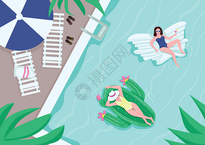 气垫bb海报泳池派对平面彩色矢量插图的顶部视图 带毛巾的躺椅 靠近水的雨伞 女性在气垫上休息 2D 卡通人物 背景是泳池边插画