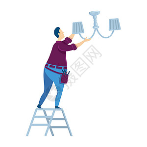 面灯改变灯泡平面颜色矢量不露面的字符 男人换灯泡 梯子上的杂工 用工具更换灯泡的家伙 房屋维修 上门维修孤立的卡通它制作图案插画