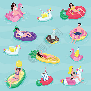泳池派对平面矢量无缝模式 空气床垫背景的人 充气水上玩具纹理与卡通颜色图标 豪华海上度假村包装纸壁纸设计背景图片