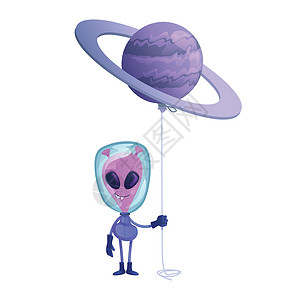 卡通紫色气球外星人与星球气球平面卡通矢量插图 穿着宇航服的外星人 准备使用 2d 字符模板进行商业动画印刷设计 孤立的漫画她插画