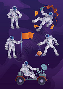 宇航员 2d 卡通人物插图套件 航天服的宇航员太空探索人类太空飞行 准备使用一个漫画平面英雄集模板用于商业动画打印背景图片