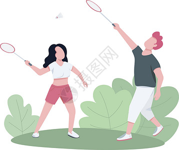 运动女性羽毛球户外打羽毛球的情侣插画