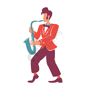 萨克斯手时尚的萨克斯管吹奏者平面颜色矢量不露面的角色 演奏乐器的典雅的爵士音乐家 穿着红色西装外套 带喇叭的老式复古风格男人孤立的卡通图插画