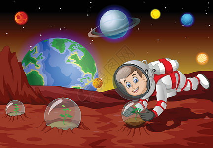 宇航员男孩在火星表面种植卡通背景图片
