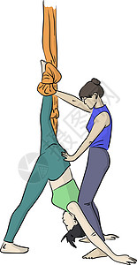 瑜伽吊床年轻女教练教美丽的女孩做空中瑜伽 v设计图片