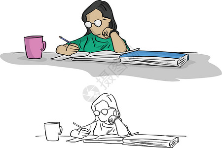 版可爱女学生戴眼镜的女孩在桌上的笔记本上写字 矢量说明设计图片