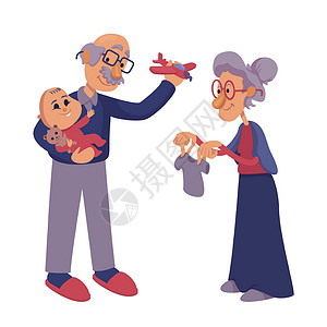 奶奶抱孙子祖父母玩婴儿平面卡通插图 年长的祖母和祖父爱孙子 准备使用 2d 字符模板进行商业动画打印 孤立的漫画她设计图片