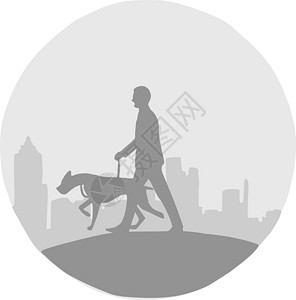 遛狗的男人剪影人和他的狗与城市景观矢量图 w设计图片