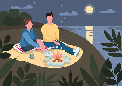 爱的棉花糖海滩平面彩色矢量图上的浪漫夜晚约会 男朋友和女朋友烤棉花糖 浪漫的情侣坐在篝火旁 背景是大海和月亮的二维卡通人物插画
