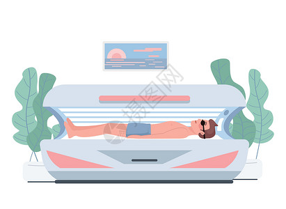 波拉日光浴床晒黑平面颜色矢量字符 日光浴床的人 参观日光浴室 男性客户在机器上晒黑 整容手术设备 美容院程序孤立卡通它制作图案插画