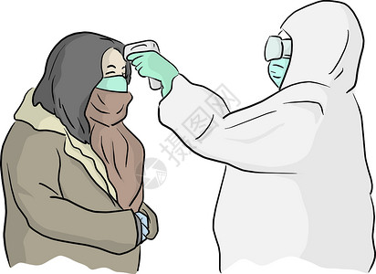 身着 PPE 服的医务人员用红外线温度计扫描女性插画