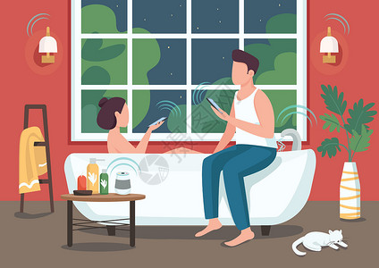 男女浴室情侣在智能浴室平面彩色矢量图中 人们用智能手机远程控制电器 背景上带自动浴室的年轻男女 2D 卡通人物插画