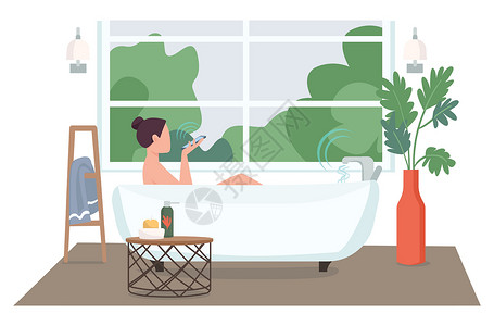 自动化浴室中的女人平面颜色矢量不露面的角色 有智能手机洗澡的年轻女士 用于网页图形设计和动画的智能家居技术控制卡通插图背景图片