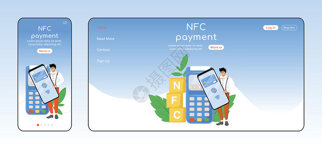 NFC 支付自适应登陆页面平面颜色矢量模板 非接触式交易移动和 PC 主页布局 金融科技单页网站用户界面  E支付应用网页跨平台背景图片